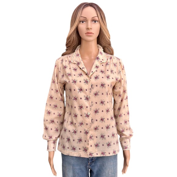 Vintage 70s Land n Sea Prairie Cottage Western Floral lace cream blouse Small 34 - Picture 8 of 12